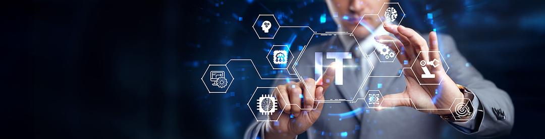 IT concept dark blue background with a person touching icons on a clear board