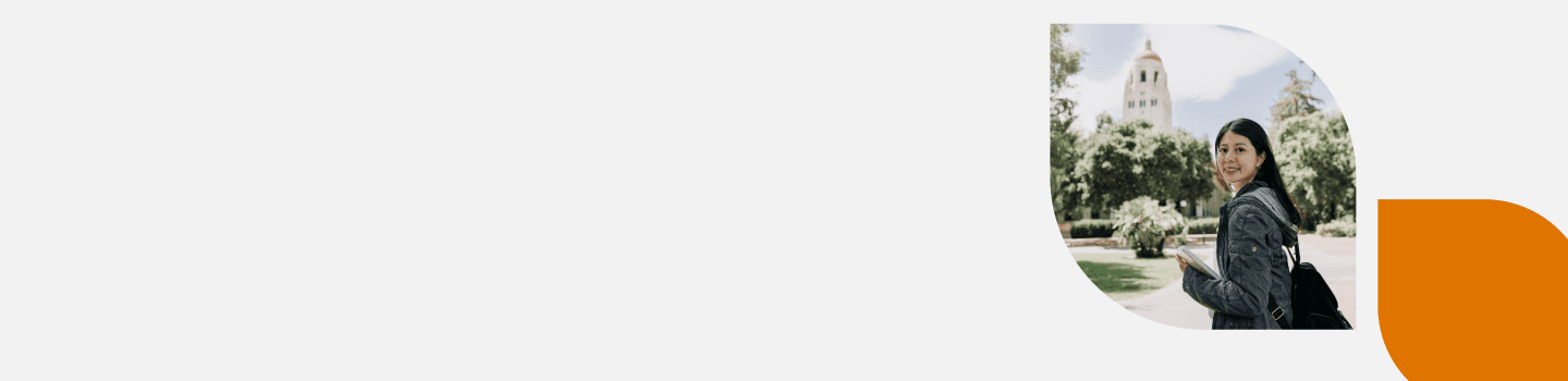 A person with long dark hair, wearing a gray jacket and carrying a backpack, smiles while walking on a paved path. There are trees and a large building with a dome in the background. The image is cropped with geometric shapes and white space.