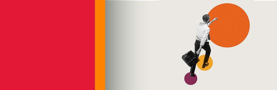 A man in office attire walks on colorful circles, carrying a briefcase, against a minimalistic background with bold red and orange stripes on the left.