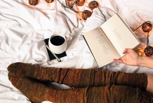 person in bed reading a book