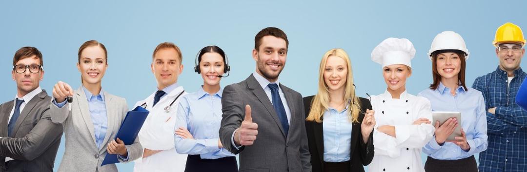 Different types of workers are standing together in their work uniform