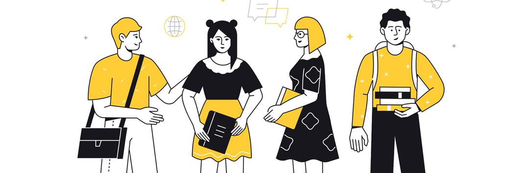 doodle of four students with books