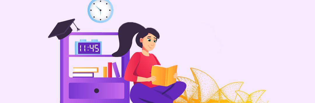 An illustration of a female student reading a book