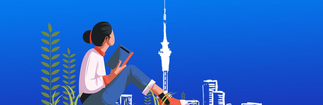 An illustration of a female student holding a book and gazing at the city skyline