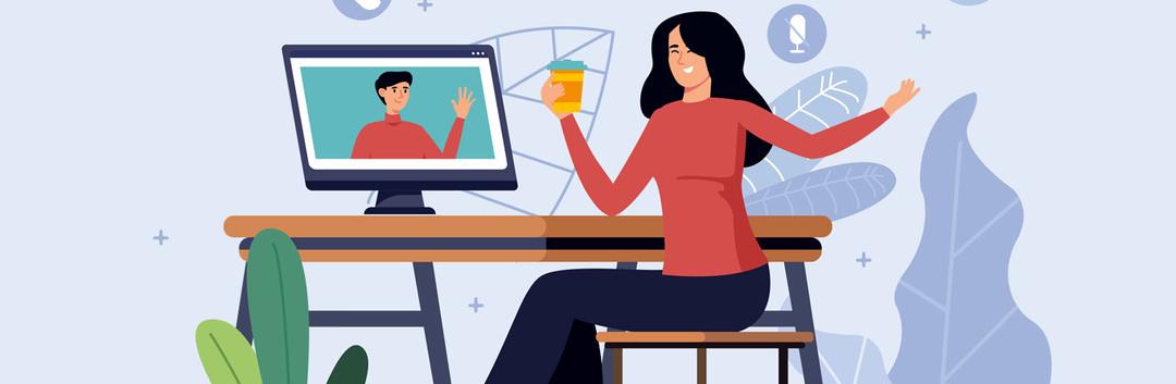 An illustration of a female student video conferencing with a male student in her computer
