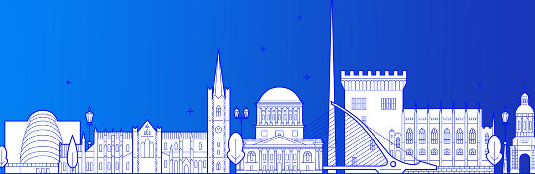 White line illustration of Dublin's skyline featuring iconic landmarks like the Convention Centre, Trinity College, and Samuel Beckett Bridge