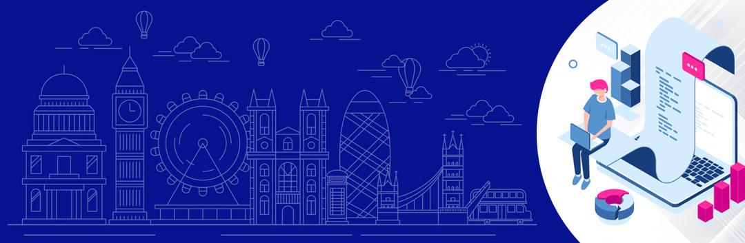 An illustration of an international student typing in his laptop and doodles of famous buildings around the world.