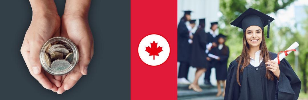 A collage of two hands holding a jar of coins, the Canadian flag and an international student in her graduation robe holding a degree certificate.