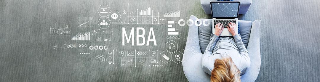 MBA in a white overlay with person using a laptop in a modern gray chair
