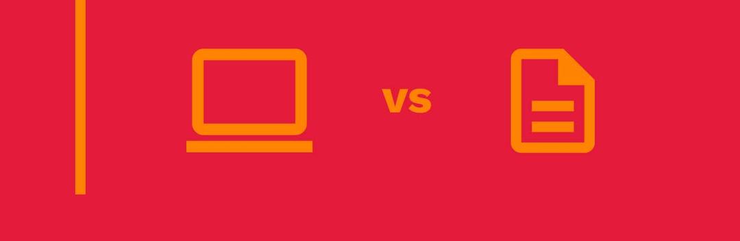Orange icons showing computer versus paper comparison on red background